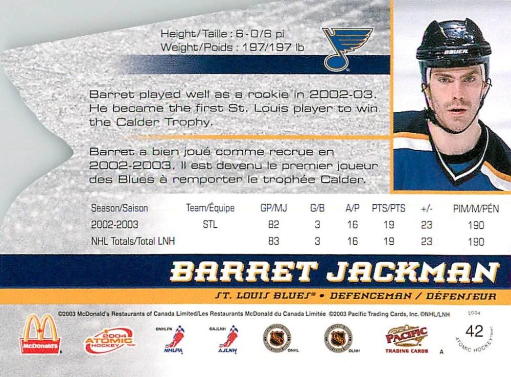 2003-04 Pacific Atomic McDonald's - Barret Jackman #42