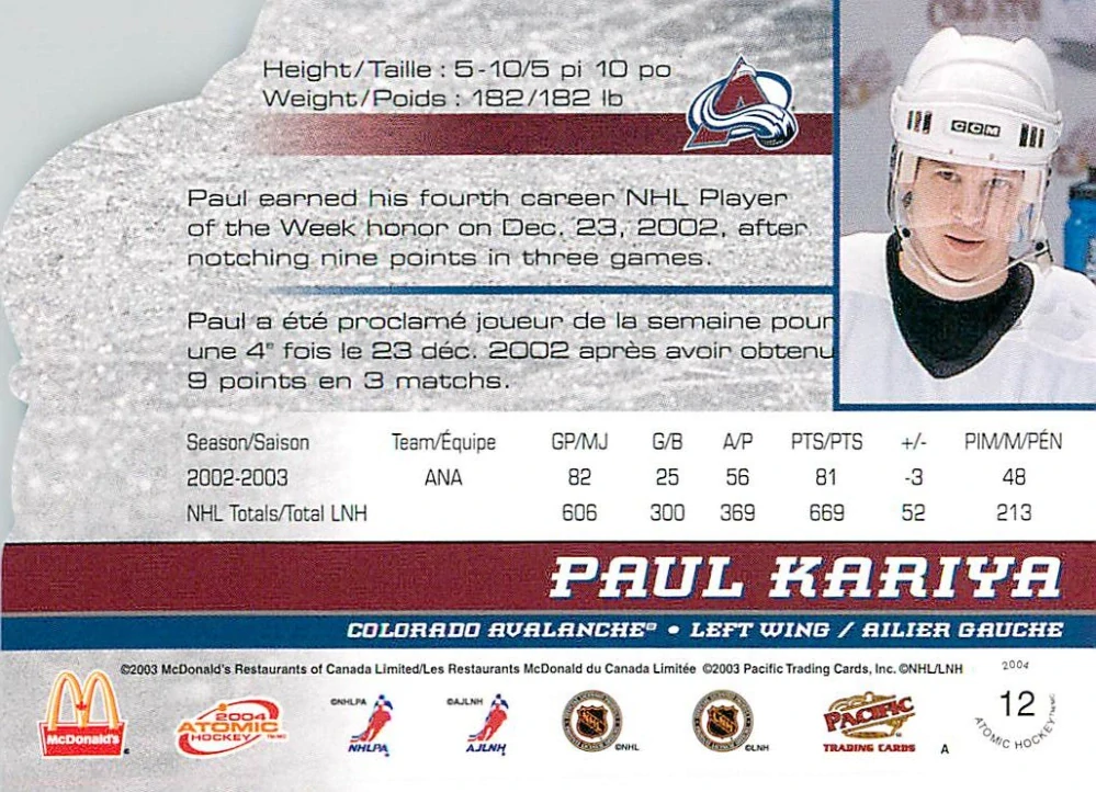 2003-04 Pacific Atomic McDonald's - Paul Kariya #12