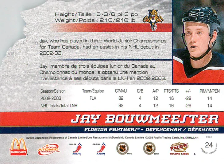 2003-04 Pacific Atomic McDonald's - Jay Bouwmeester #24