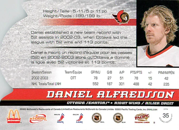 2003-04 Pacific Atomic McDonald's - Daniel Alfredsson #35