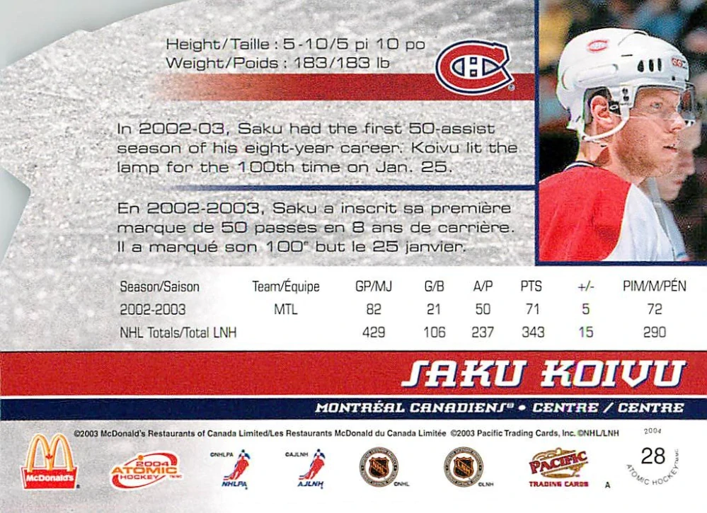 2003-04 Pacific Atomic McDonald's - Saku Koivu #28