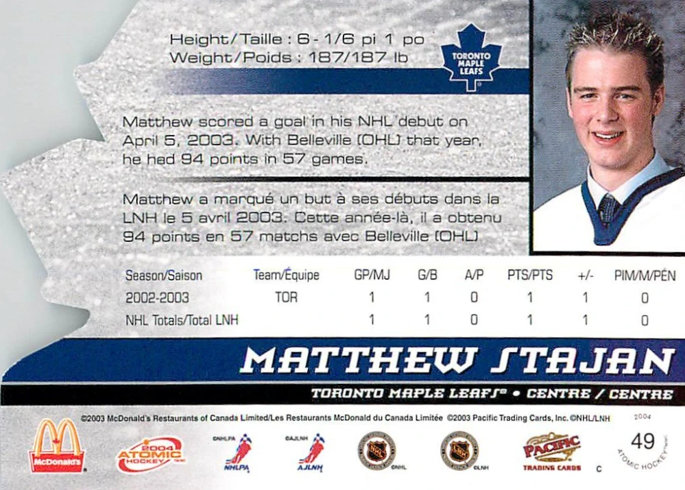 2003-04 Pacific Atomic McDonald's - Matthew Stajan #49
