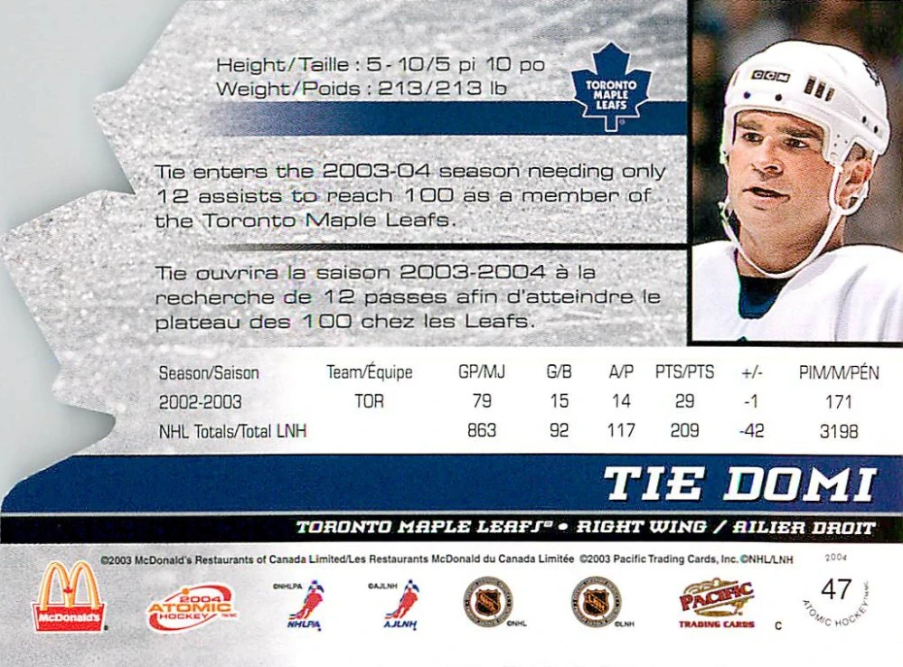 2003-04 Pacific Atomic McDonald's - Tie Domi #47