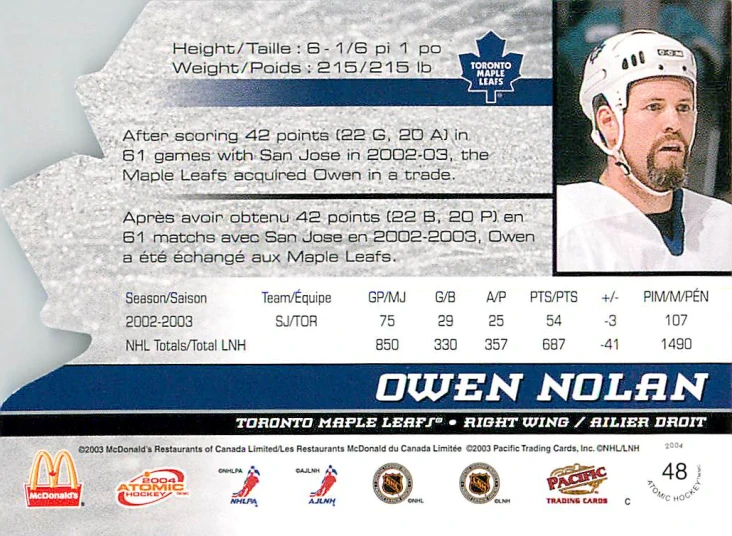 2003-04 Pacific Atomic McDonald's - Owen Nolan #48