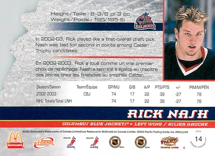 2003-04 Pacific Atomic McDonald's - Rick Nash #14