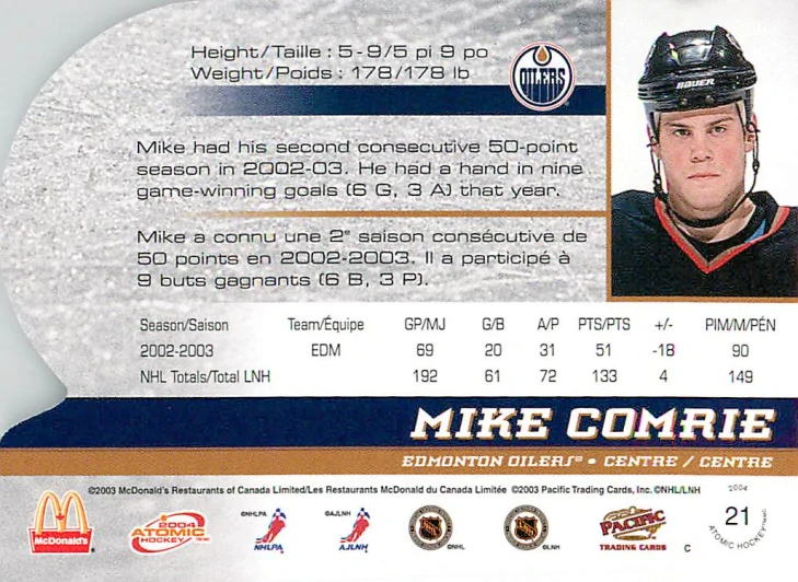2003-04 Pacific Atomic McDonald's - Mike Comrie #21