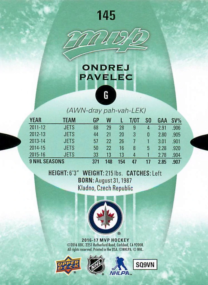 2016-17 UD MVP - Ondřej Pavelec - Green Script #145