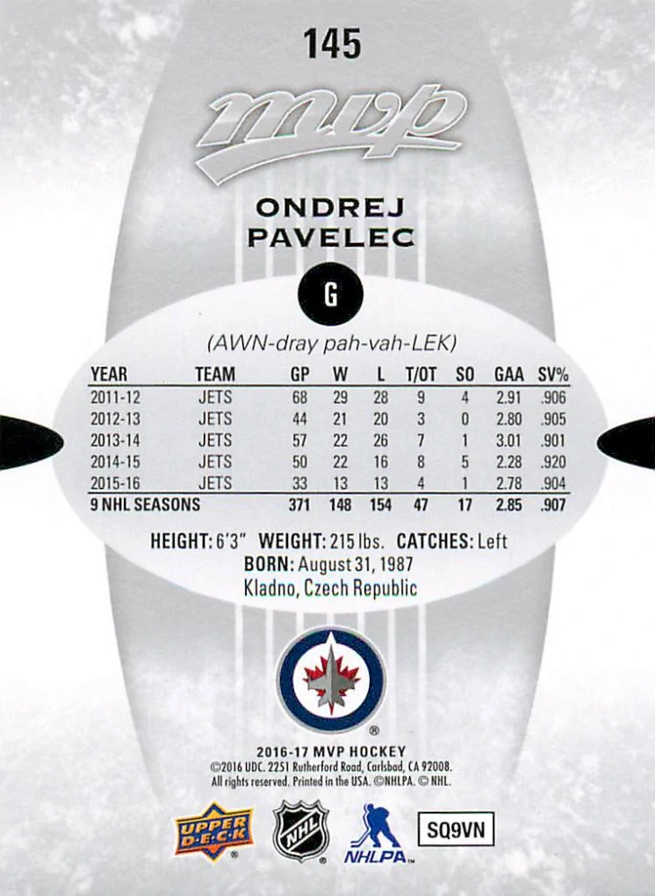 2016-17 UD MVP - Ondřej Pavelec - Silver Script #145