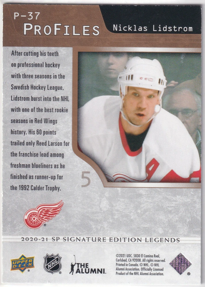 2020-21 UD SP Signature Edition Legends - Nicklas Lidstrom - Profiles Gold /49 #P-37