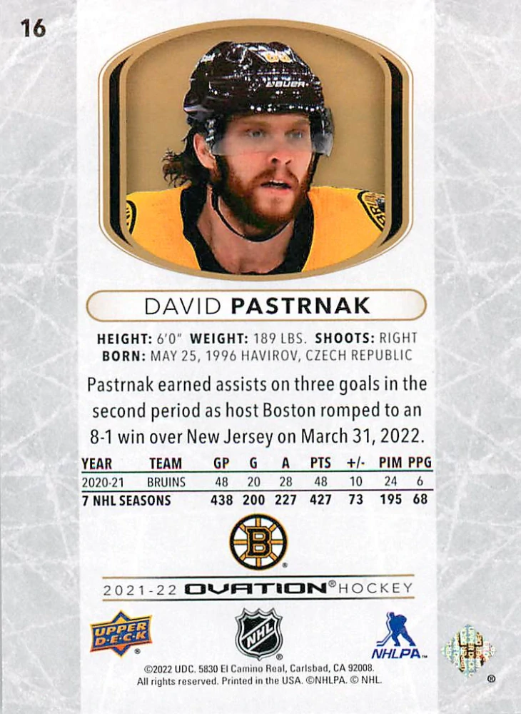 2021-22 UD Ovation - David Pastrňák - Gold Foil #16