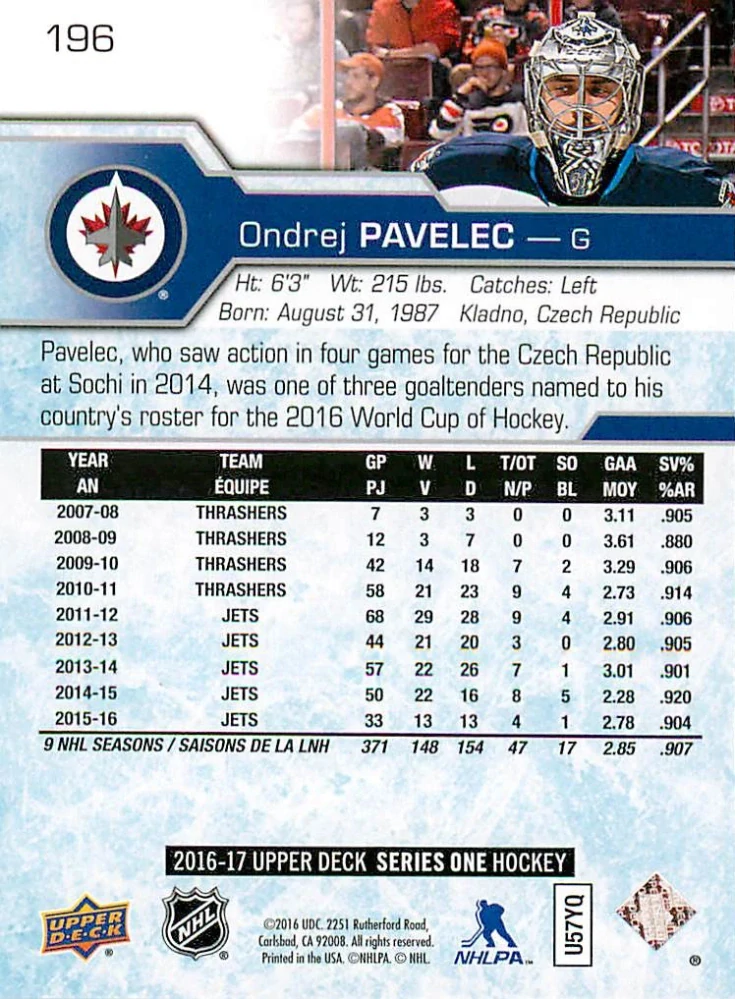 2016-17 UD Series 1 - Ondřej Pavelec - Silver Foil #196