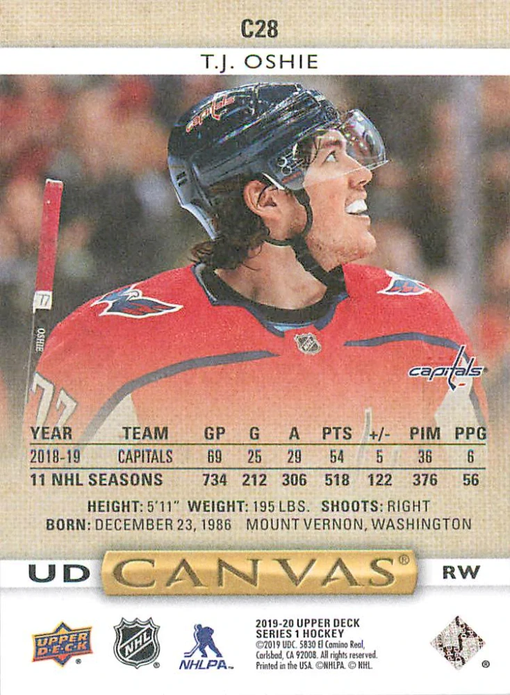 2019-20 UD Series 1 - T.J. Oshie - Canvas #C28