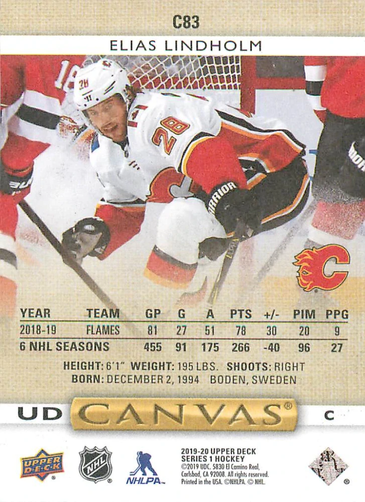 2019-20 UD Series 1 - Elias Lindholm - Canvas #C83