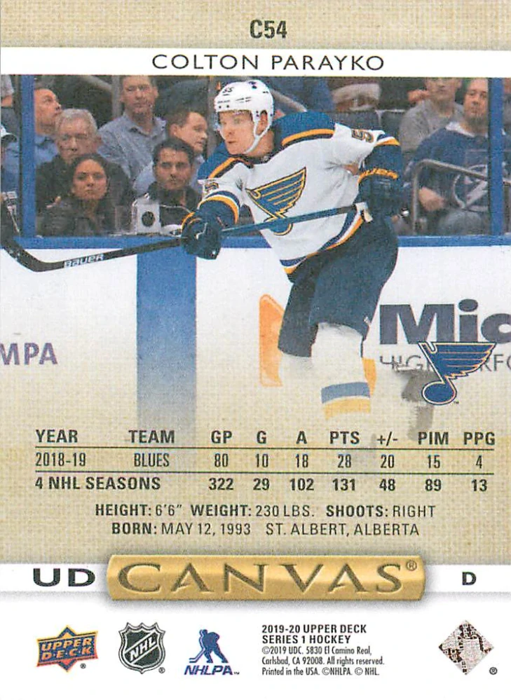 2019-20 UD Series 1 - Colton Parayko - Canvas #C54