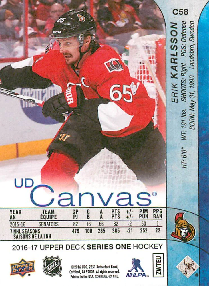 2016-17 UD Series 1 - Erik Karlsson - Canvas #C58