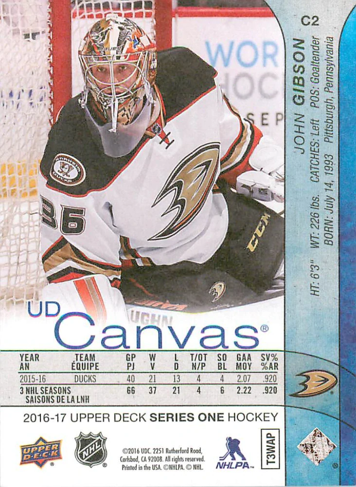 2016-17 UD Series 1 - John Gibson - Canvas #C2
