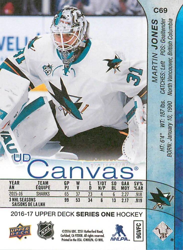2016-17 UD Series 1 - Martin Jones - Canvas #C69