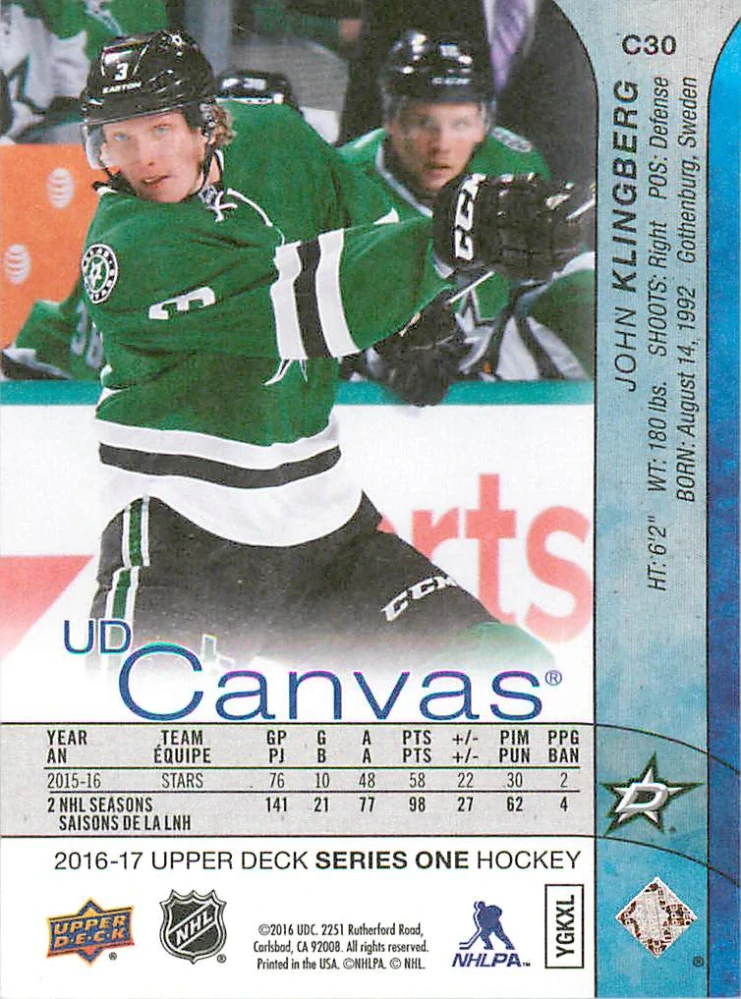 2016-17 UD Series 1 - John Klingberg - Canvas #C30