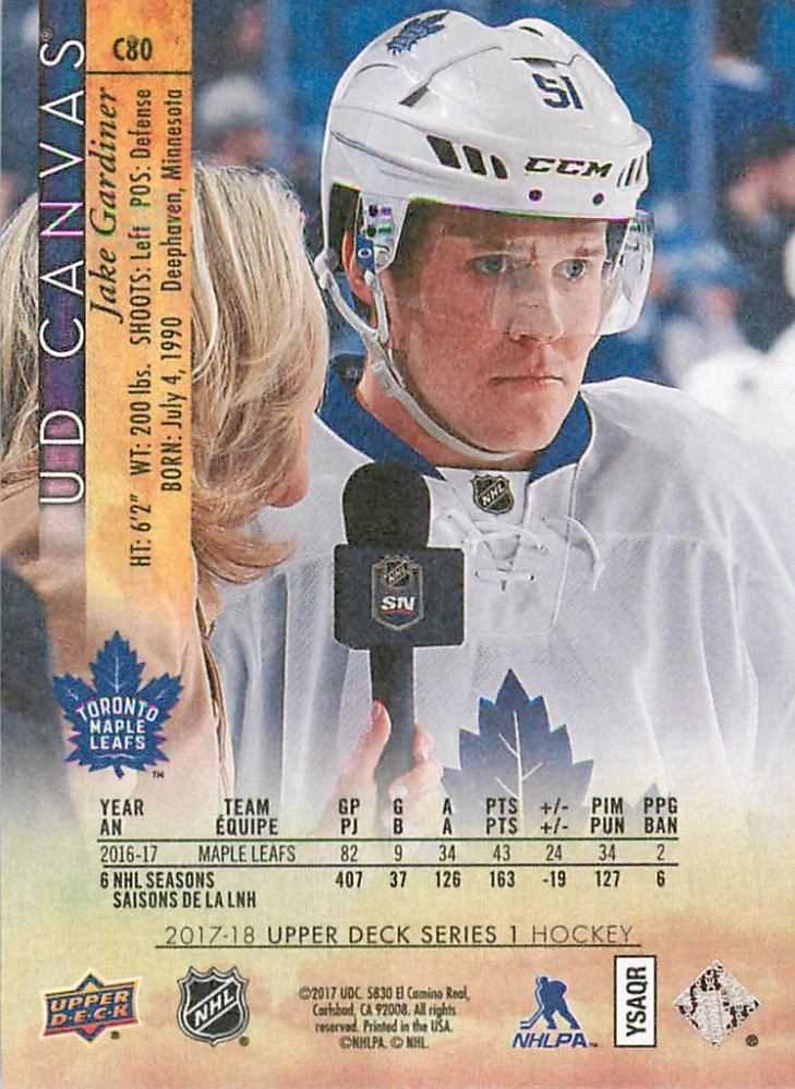 2017-18 UD Series 1 - Jake Gardiner - Canvas #C80