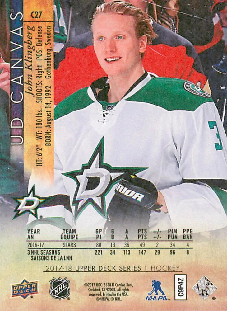 2017-18 UD Series 1 - John Klingberg - Canvas #C27