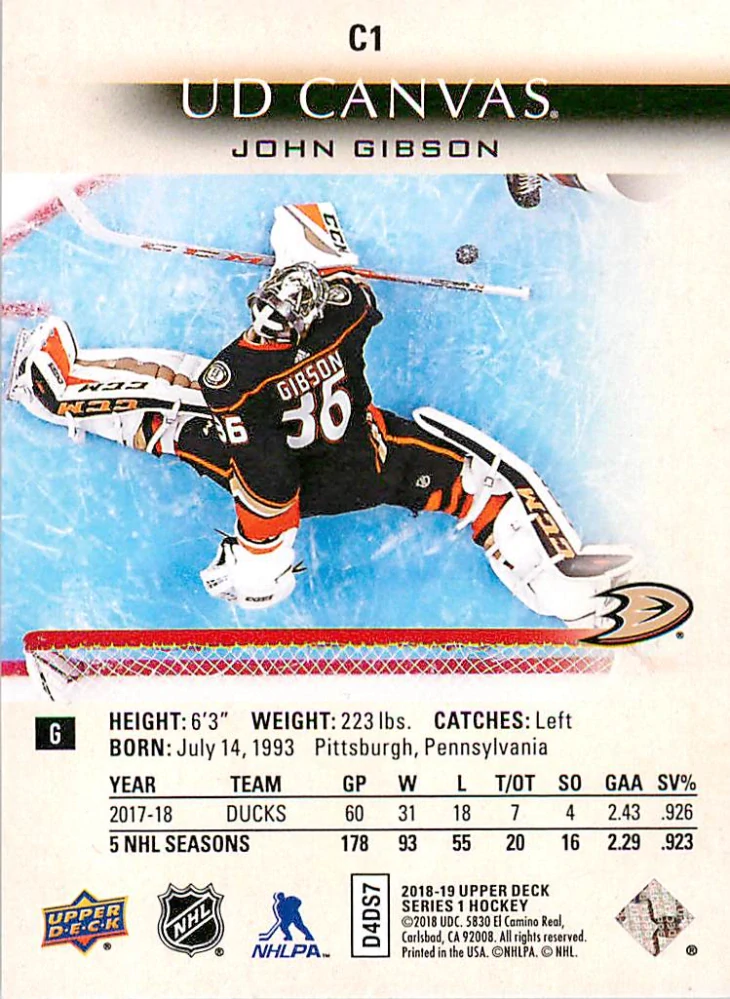 2018-19 UD Series 1 - John Gibson - Canvas #C1