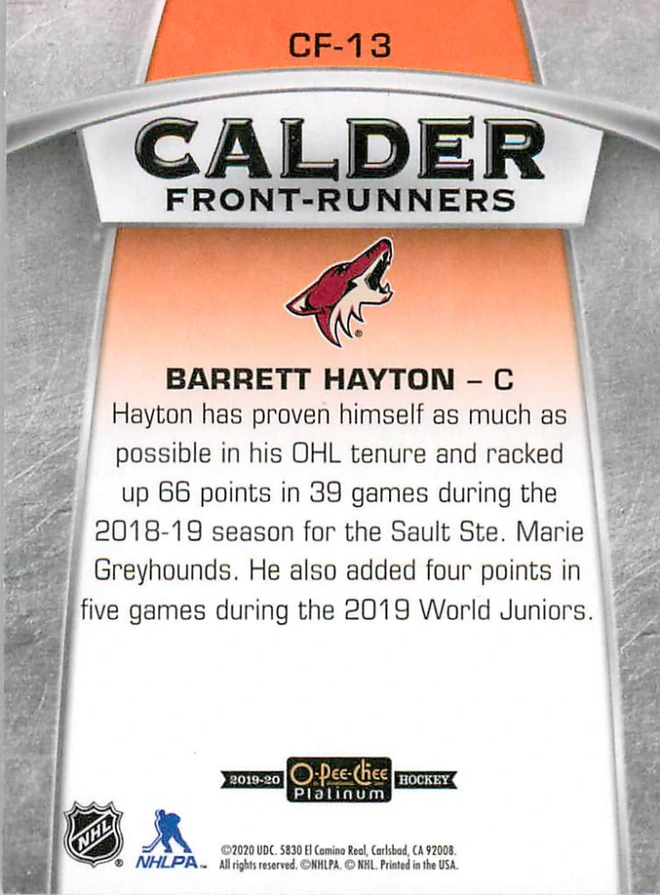 2019-20 UD O-Pee-Chee Platinum - Barret Hayton - Calder Front-Runners #CF-13