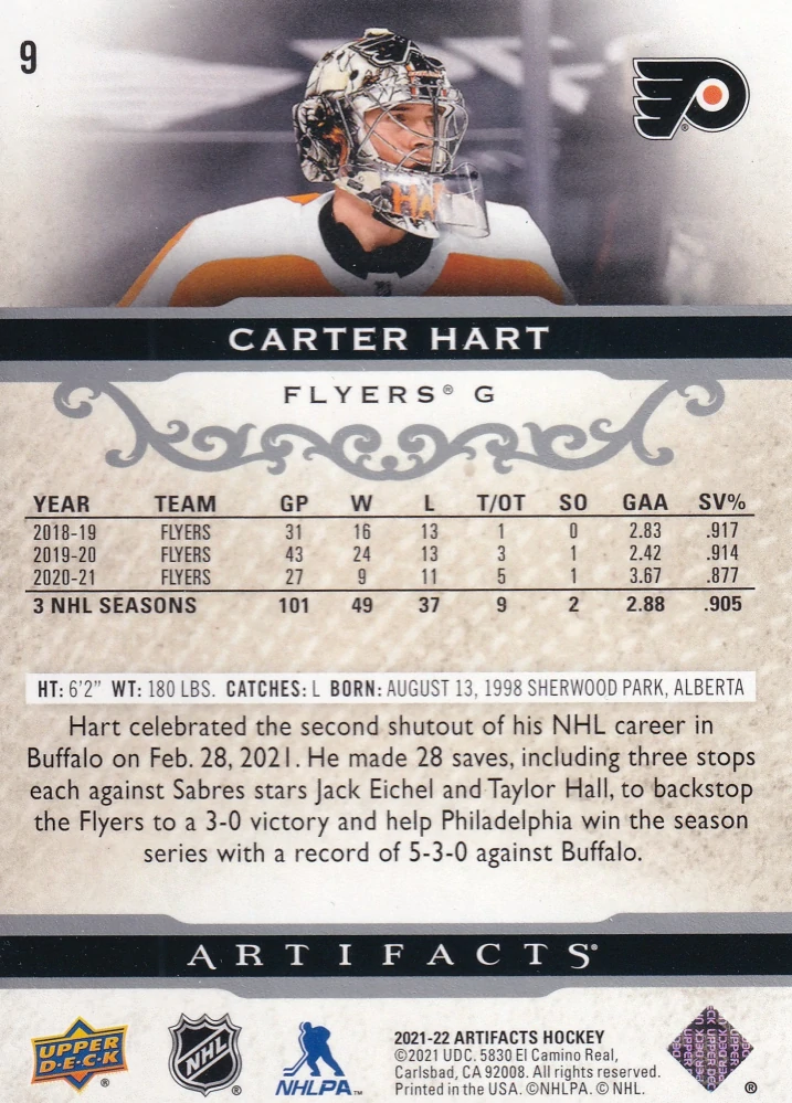 2021-22 UD Artifacts - Carter Hart #9