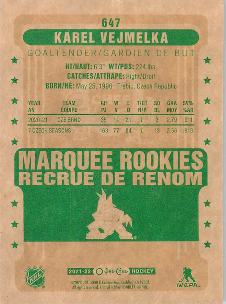 2021-22 UD O-Pee-Chee - Karel Vejmelka - Marquee Rookies Retro #647