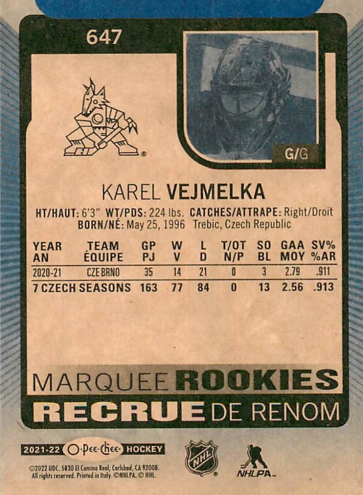 2021-22 UD O-Pee-Chee - Karel Vejmelka - Marquee Rookies Blue Border #647