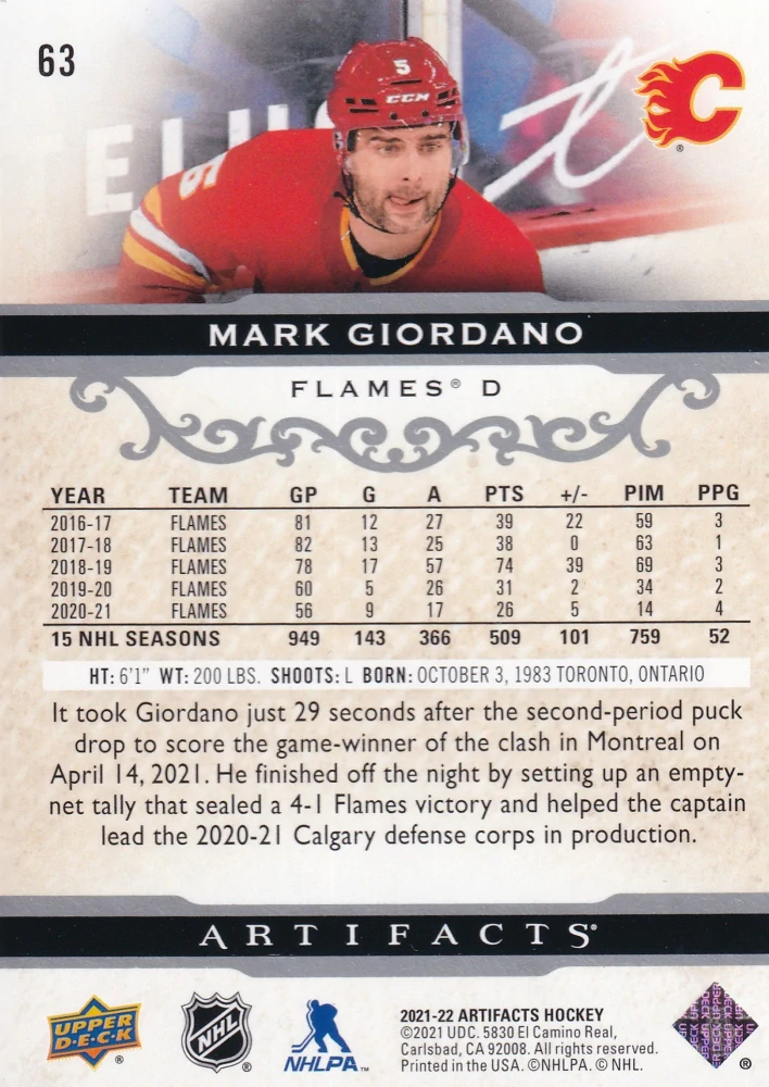 2021-22 UD Artifacts - Mark Giordano #63