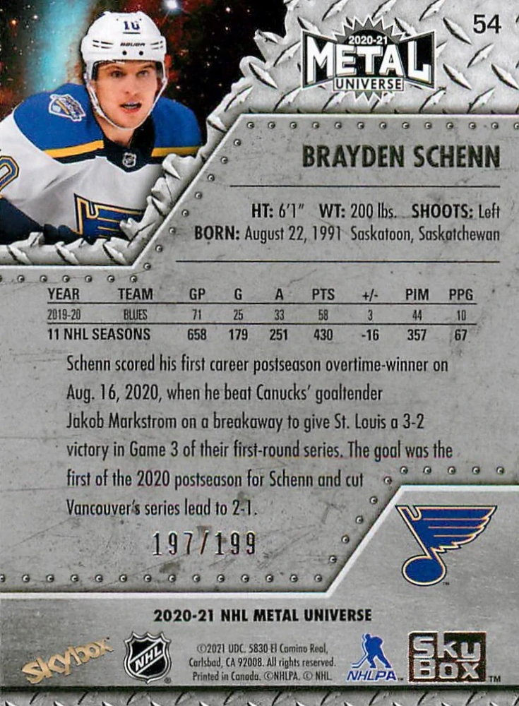 2020-21 UD Skybox Metal Universe - Brayden Schenn - Purple /199 #54