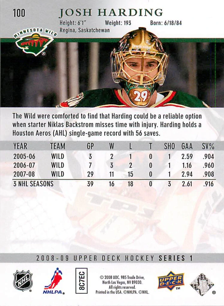 2008-09 UD Series 1 - Josh Harding #100