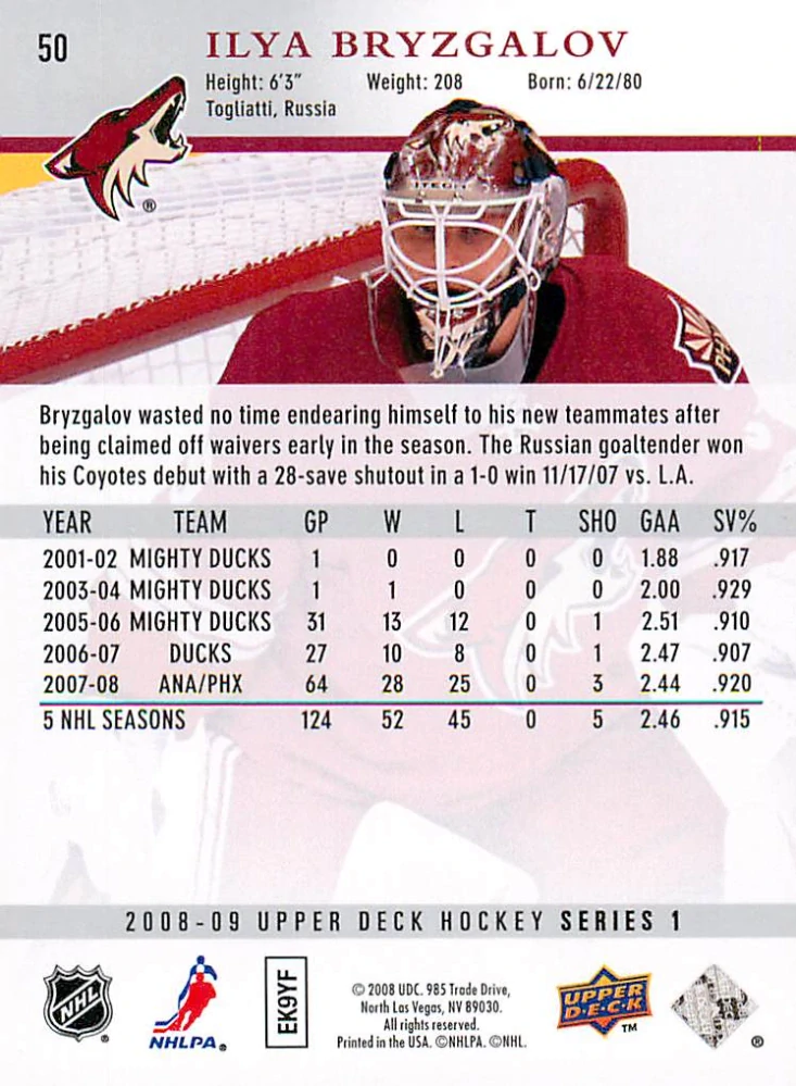 2008-09 UD Series 1 - Ilya Bryzgalov #50