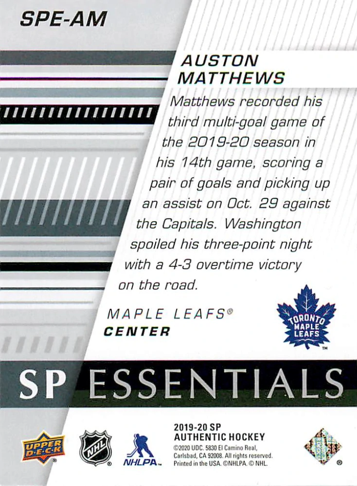 2019-20 UD SP Authentic - Auston Matthews - SP Essentials #SPE-AM