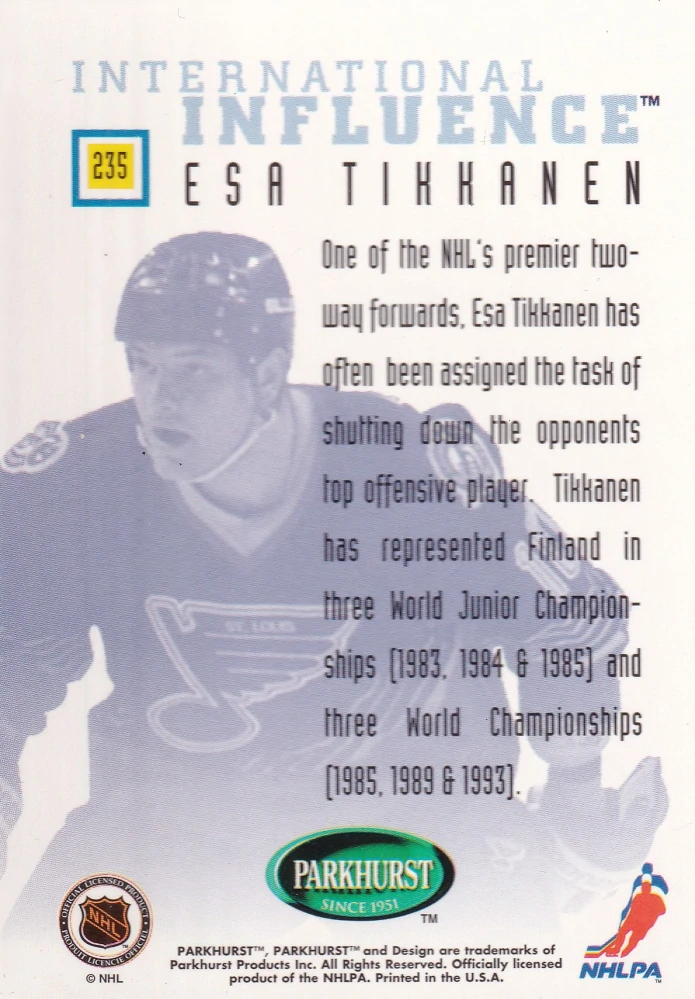1995-96 Parkhurst International - Esa Tikkanen - International Influence #235