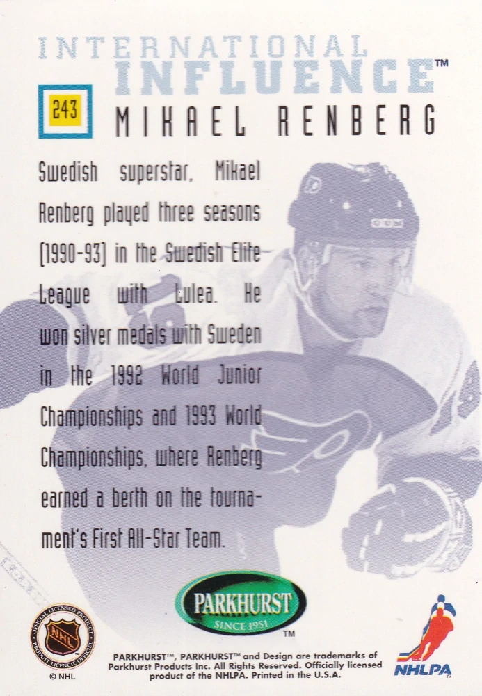 1995-96 Parkhurst International - Mikael Renberg - International Influence #243