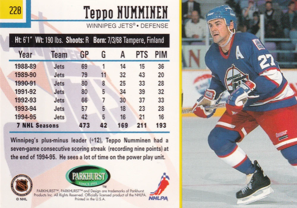 1995-96 Parkhurst International - Teppo Numminen #228