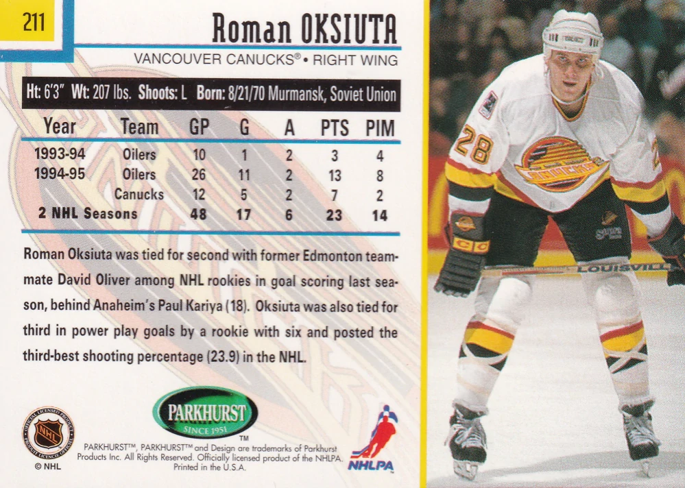 1995-96 Parkhurst International - Roman Oksiuta #211