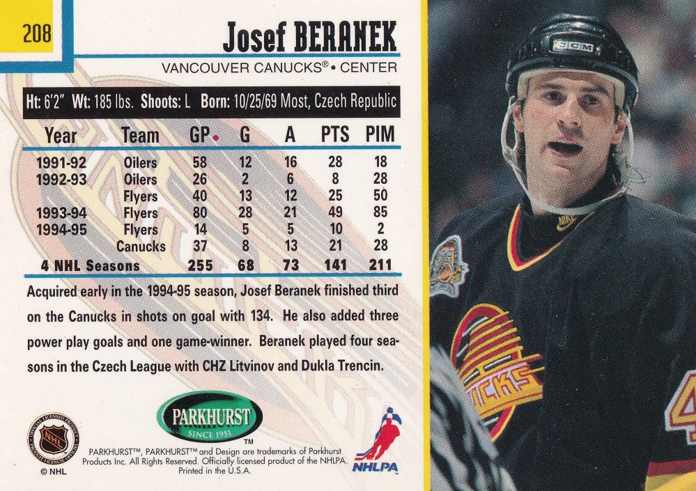 1995-96 Parkhurst International - Josef Beránek #208