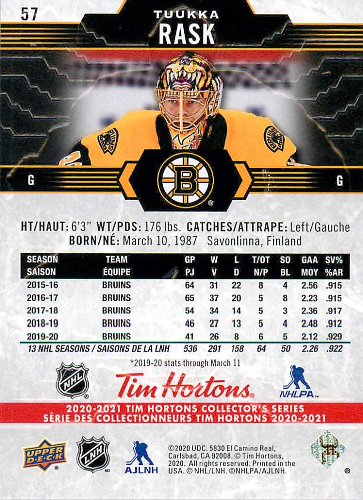 2020-21 UD Tim Hortons Collector's Series - Tuukka Rask #57