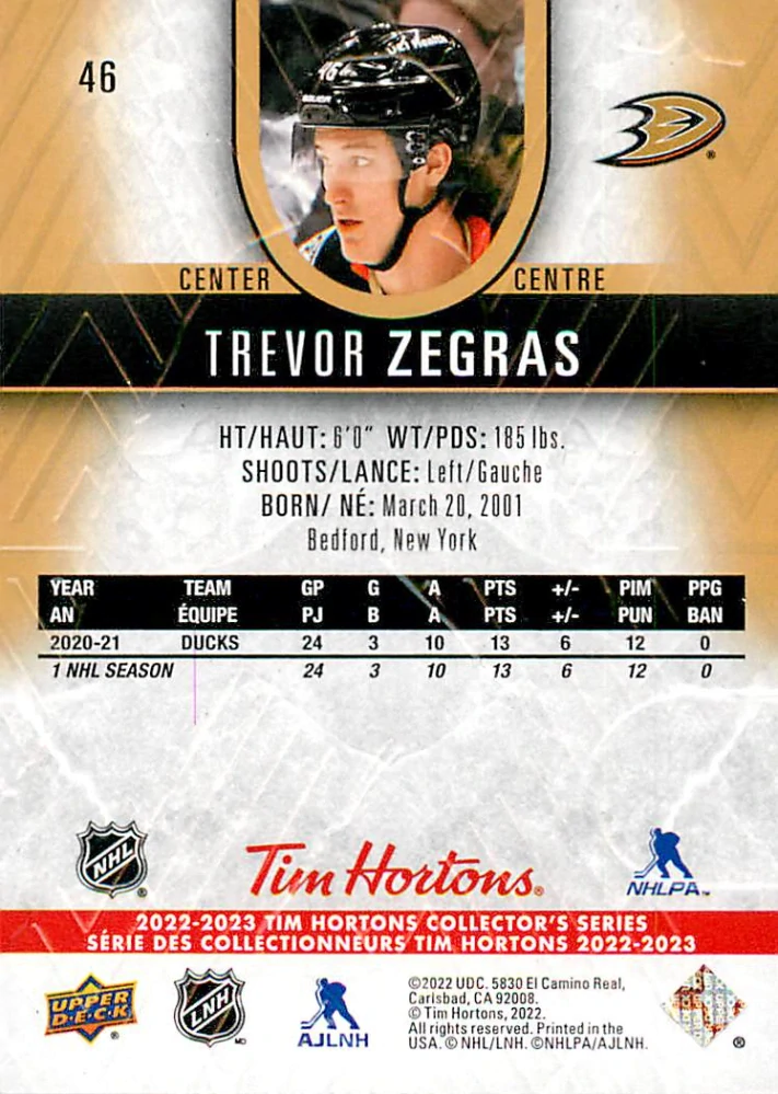 2022-23 UD Tim Hortons Collector's Series - Trevor Zegras #46