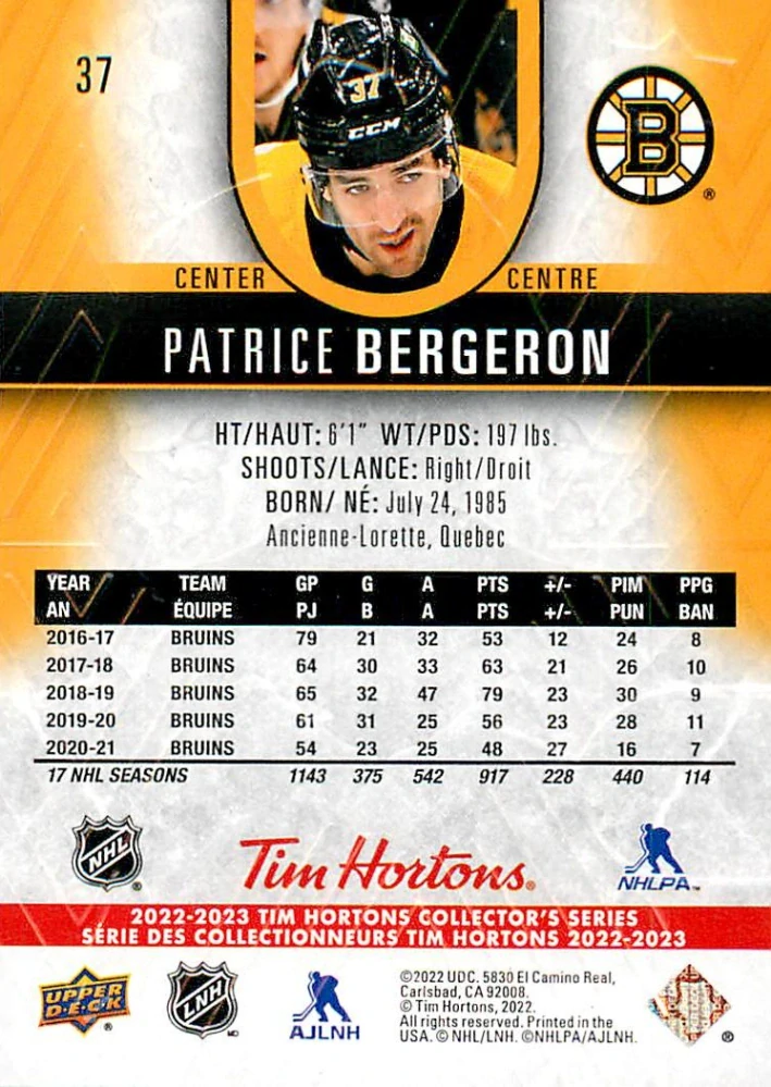 2022-23 UD Tim Hortons Collector's Series - Patrice Bergeron #37