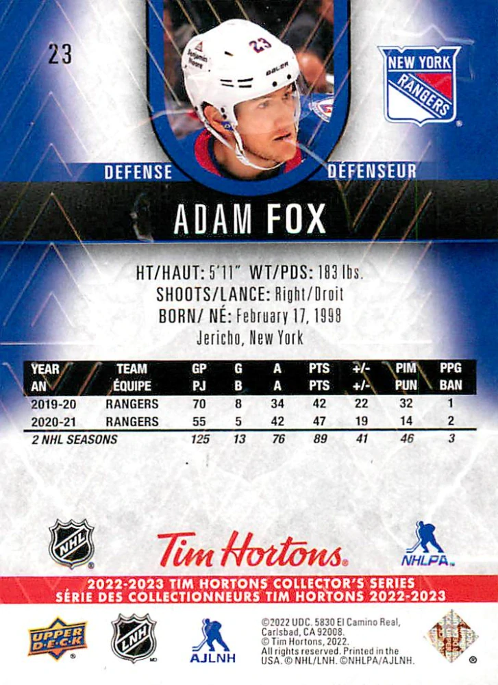 2022-23 UD Tim Hortons Collector's Series - Adam Fox #23