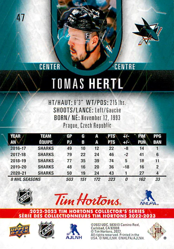 2022-23 UD Tim Hortons Collector's Series - Tomáš Hertl #47