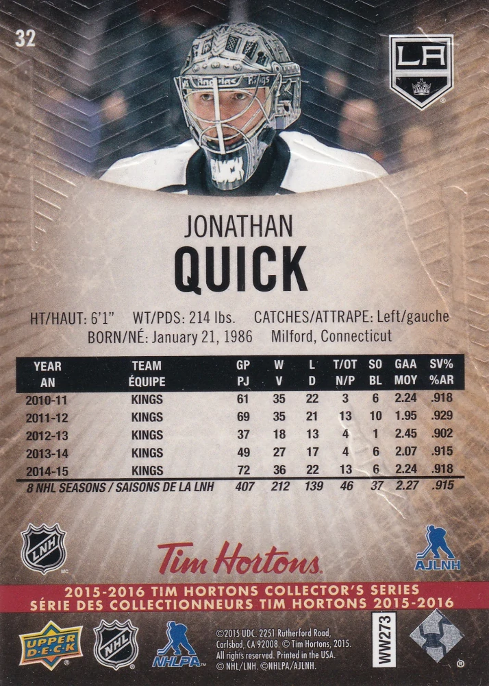 2015-16 UD Tim Hortons Collector's Series - Jonathan Quick #32