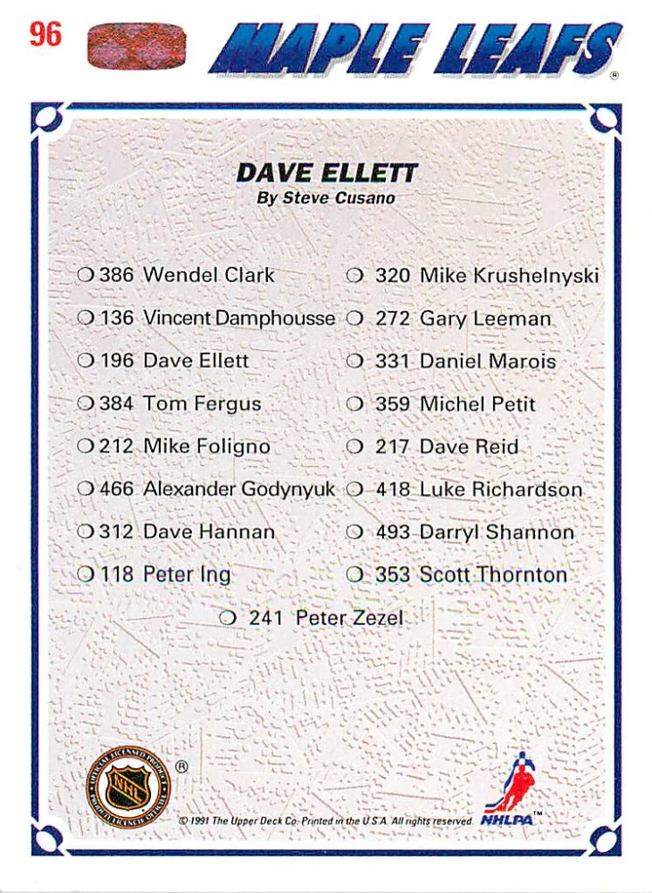 1991-92 UD Series - Dave Ellett - Maple Leafs Checklist #96