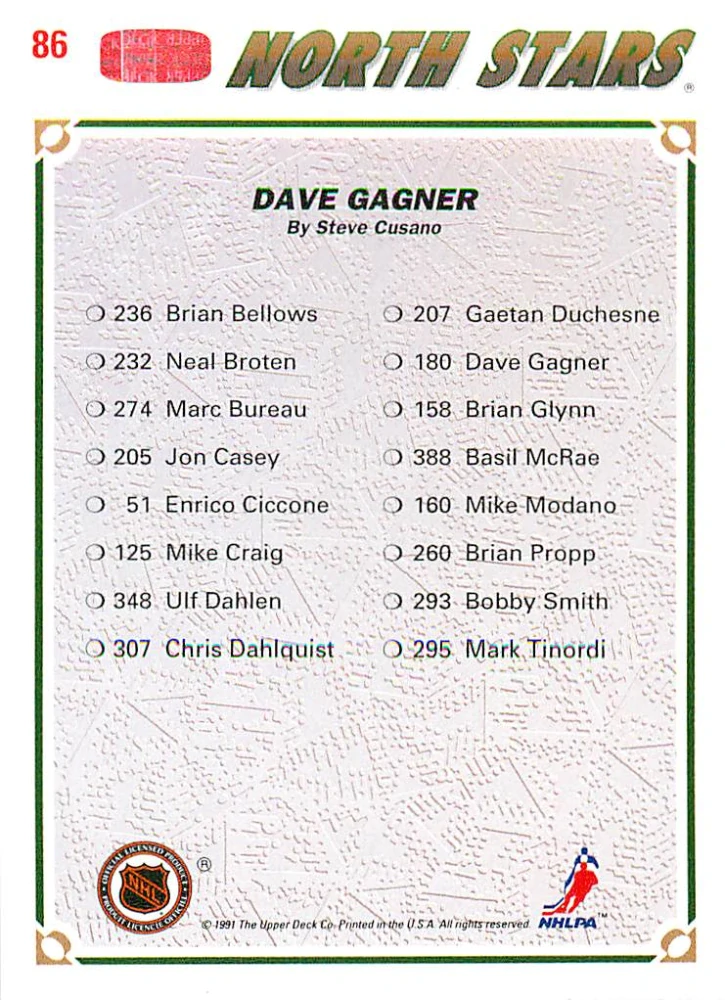 1991-92 UD Series - Dave Gagner - North Stars Checklist #86