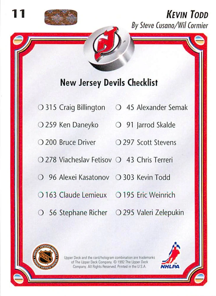 1992-93 UD Series - Kevin Todd - New Jersey Devils Checklist #11