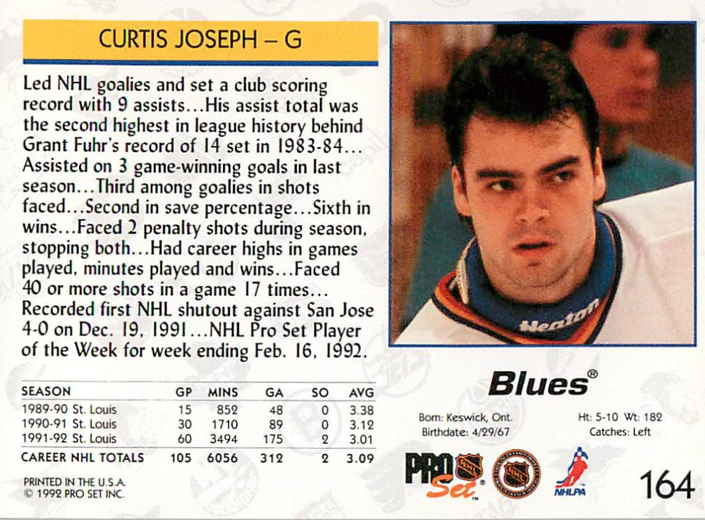 1992-93 Pro Set - Curtis Joseph #164