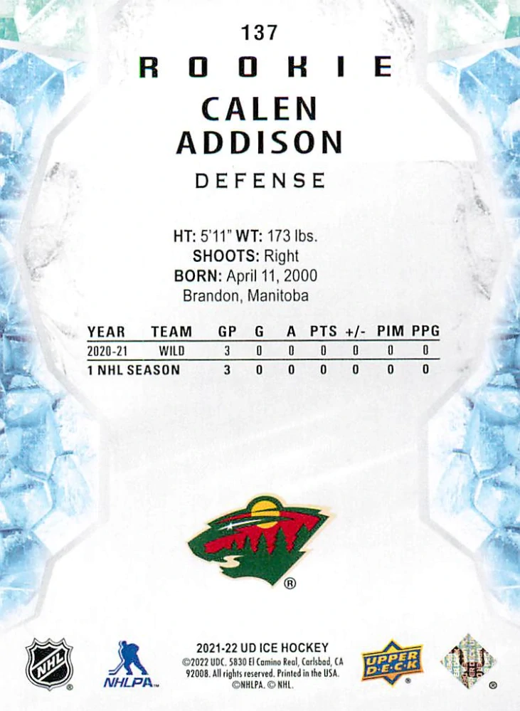 2021-22 UD Ice - Calen Addison - Rookie #137